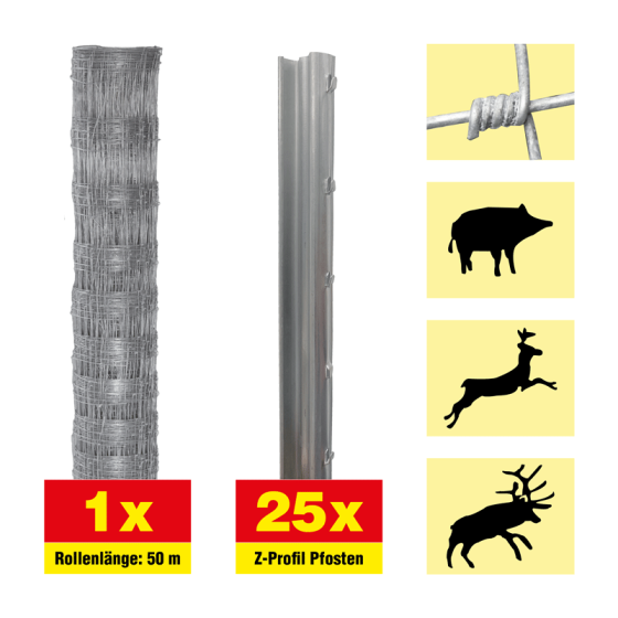 Wildzaun 50 m Set Taurus schwer - Höhe: 140 cm, inkl. 25 Z-Pfosten, Horizontaldrähte: 11