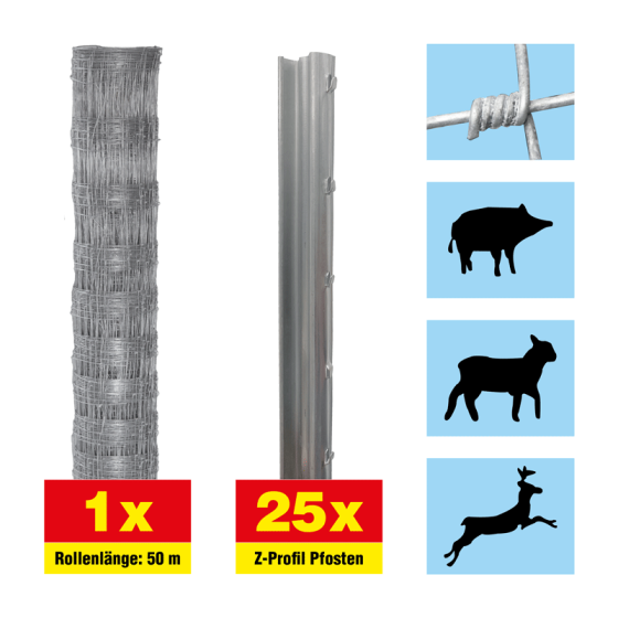 Schafzaun 50 m Set Taurus superschwer - Höhe: 100 cm, inkl. 25 Z-Pfosten, Horizontaldrähte: 9